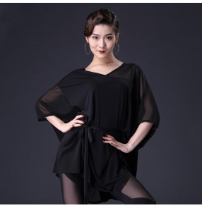 Black Latin dance dresses for women girls practice training top loose dance training tops medium length bat sleeves short dress